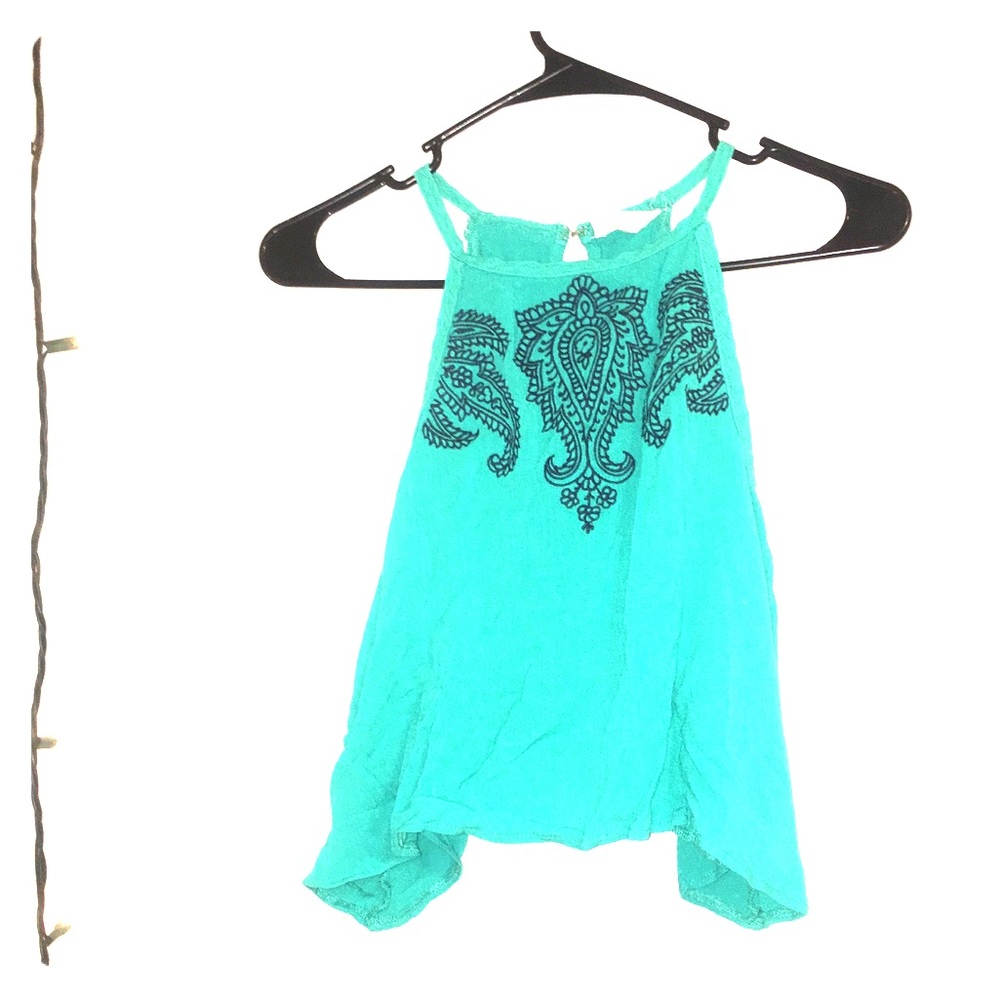Teal embroidered cropped tank top